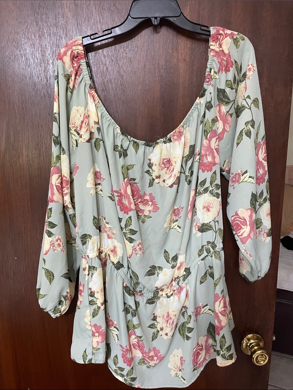 off the shoulder, floral, peplum style puff sleep blouse